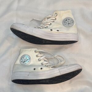 Converse White High Top Canvas Sneakers with Silver Chrome Details, Women’s 8.5